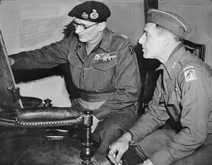 THE ARDENNES OFFENSIVE 16 DECEMBER 1944 - 28 JANUARY 1945 (EA 49926) Personalities: Field Marshal Sir Bernard Montgomery, Commander of 21st Army Group, checks a situation map with Major General Matthew B Ridgway, Commander of 18th US Airborne Division, during the Battle of the Bulge. Montgomery's appointment to command the Allied armies - which were largely American - on the north flank of the German salient, was controversial. Copyright: © IWM. Original Source: https://www.iwm.org.uk/collections/item/object/205196590